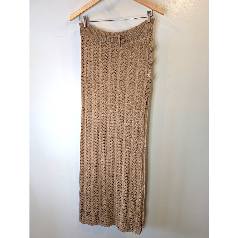 Crochet Knit Maxi Skirt Tan Neutral Ball Button Side Slit Drawstring S